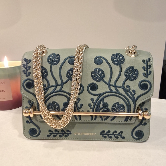 Strathberry Handbags - Strathberry Teal Embroidered Crossbody Bag with Gold Chain